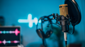 Microphone and audio equipment used for podcasting in Push Button Productions studio 