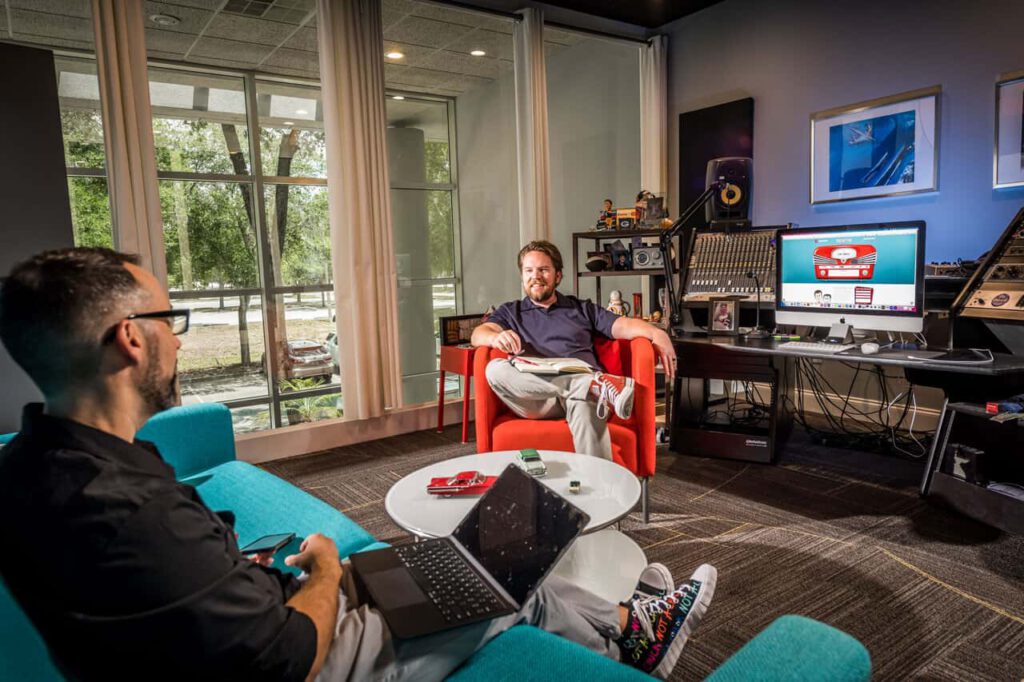 Photo of Yeosh and Jon of Push Button in the studio