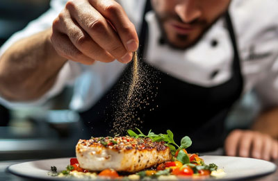 Photo of a chef sprinkling seasoning over fresh caught seared fish