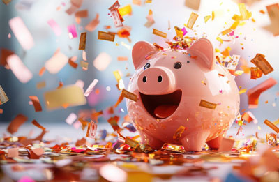Photo of piggy bank smiling with confetti all around it =