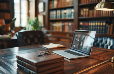 Photo of laptop on attorneys desk in a law office