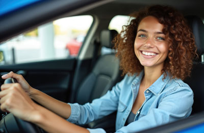 Photo of female behind the wheel of a blue car smiling